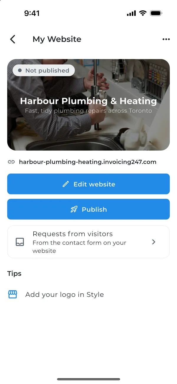 Your website overview with Edit and Publish buttons