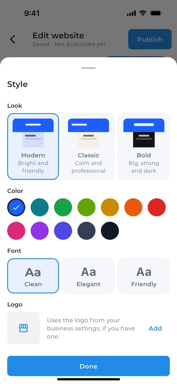 Choosing a look, colour and font in the app