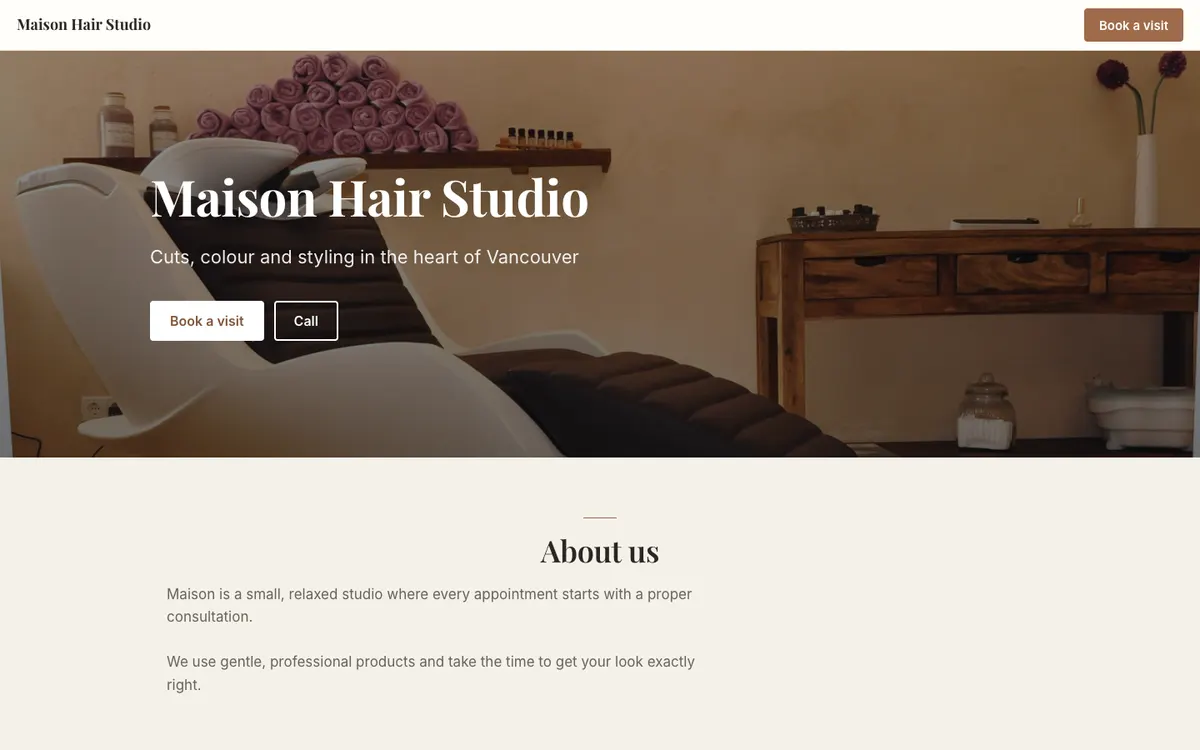 Maison Hair Studio website in the Classic look